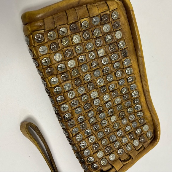 Platania Wallet Tan Italian Leather Woven Studded Wristlet Clutch- Vintage - Picture 2 of 8